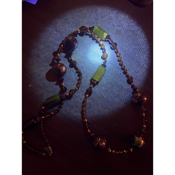 Vtg Artisan Cloisonné Beaded Necklace Amethyst Glass Toggle Clasp Cherry Blossom - Picture 5 of 10